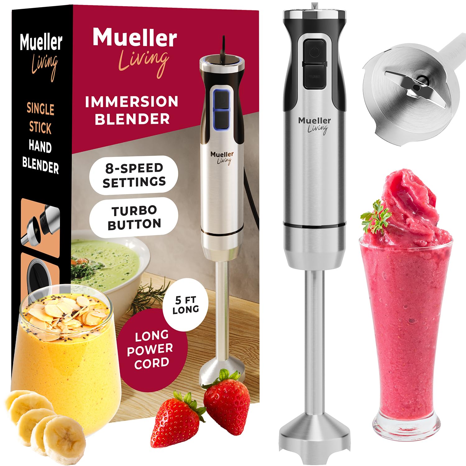 MuellerLiving 8-Speed Stainless Steel Immersion Hand Blender - Powerful 500W Electric Stick Blender with Turbo Mode for Smoothies, Soups, Sauces & Baby Food - Perfect Kitchen Gadget for Cooking, Baking & Meal Prep