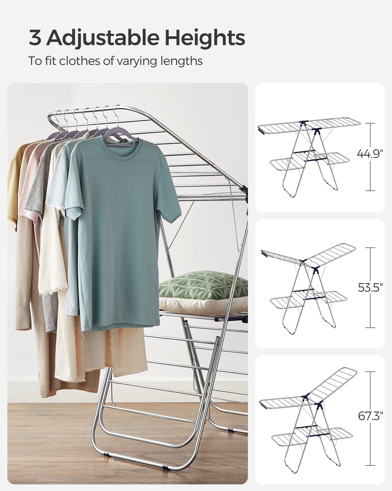 SONGMICS Foldable 2-Tier Clothes Drying Rack - Free Standing Large Laundry Rack with 33 Drying Rails, Adjustable Height & Sock Clips - Space Saving for Small Apartments, Balcony & Indoor Drying (Silver & Blue, ULLR53BU)