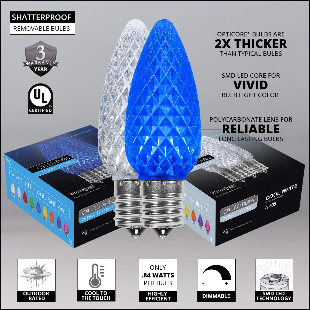 Wintergreen Lighting 50ft OptiCore LED Blue & White C9 Outdoor Christmas Pathway Lights - 4.5ft Stakes, Green Wire Plug String Lights - Perfect for Holiday Decor, Garden, Patio & Walkway Lighting