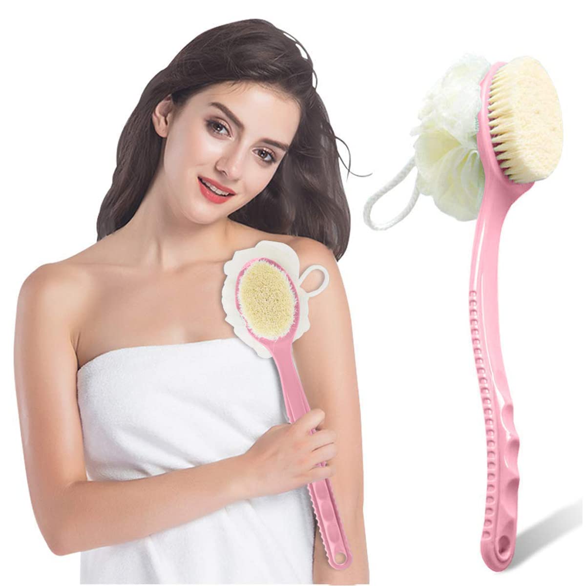 Avenn 2 in 1 Back Scrubber Brush with Exfoliating Bristles & Loofah - Long Curved Handle Body Brush for Men & Women - Perfect for Shower, Bath & Dry Skin Exfoliation (MultiColor) - Ideal for Deep Cleansing, Dead Skin Removal & Relaxing Massage