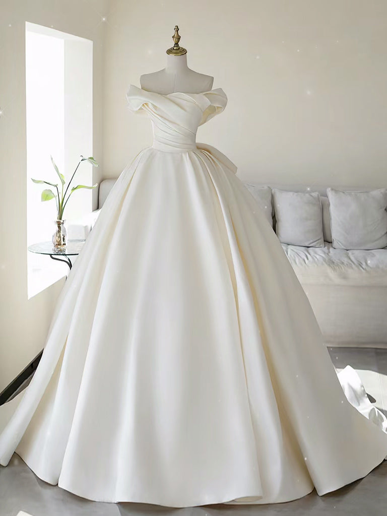 Elegant Off Shoulder Satin Ivory Long Wedding Dress - Perfect for Bridal Gowns, Formal Events & Romantic Ceremonies