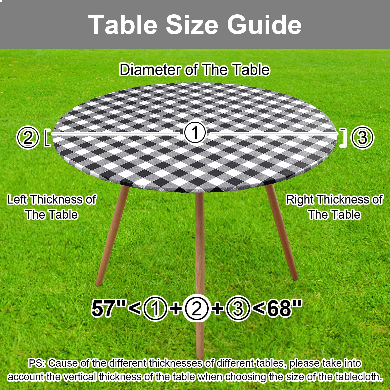 Smiry Round Elastic Waterproof Fitted Vinyl Tablecloth for 57-68 Inch Tables - Flannel Backed Buffalo Plaid Table Cover for Dining, Camping, Outdoor Use - Black and White Checkered Picnic Table Cloth Perfect for BBQs, Patio Parties & Picnics