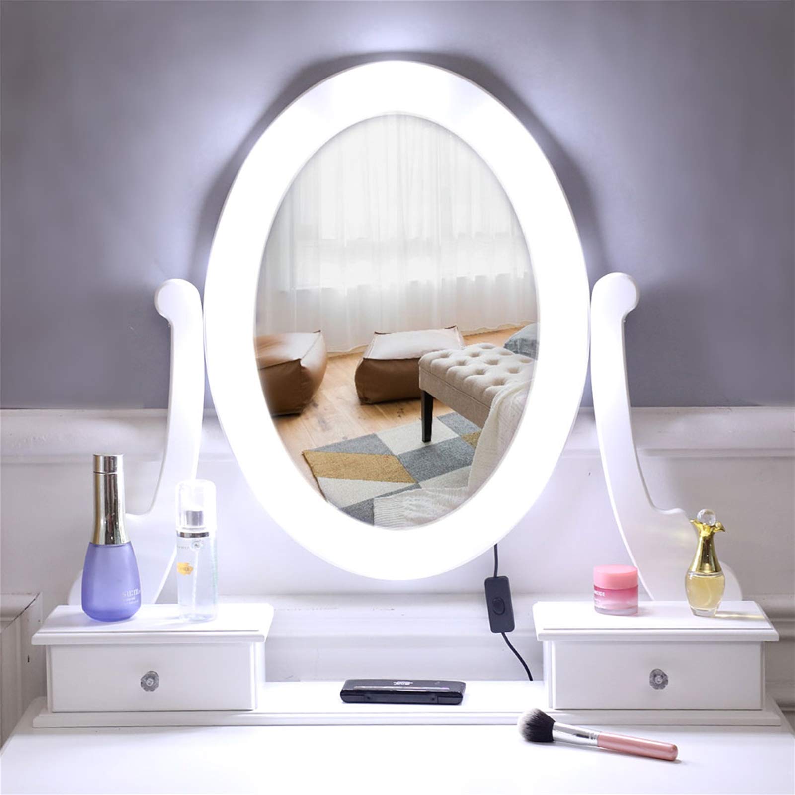 Vanity Dressing Table Set with LED Lighted Mirror, 5-Drawer Makeup Vanity Desk & Cushioned Stool - White | Perfect for Bedroom, Boudoir, and Home Beauty Station (Vanity Table with Lights)