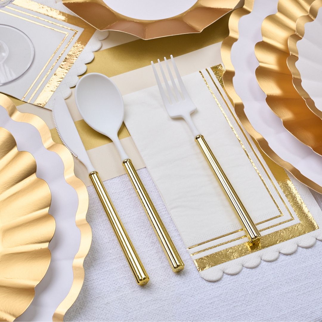 Elegant Gold & White Table Setting for Weddings, Parties & Special Occasions - Premium Dinnerware Set for Formal Dining & Home Decor