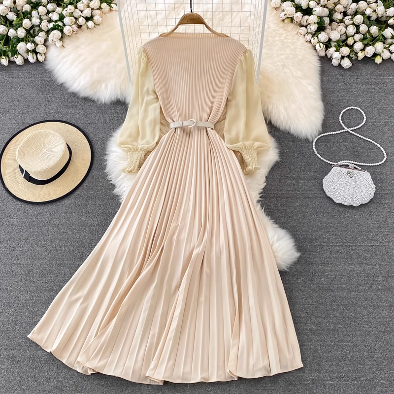 High Waist Round Neck Swing Dress - Elegant Pleated Long Skirt for Women | Spring & Autumn Fashion | Perfect for Office, Party & Casual Wear