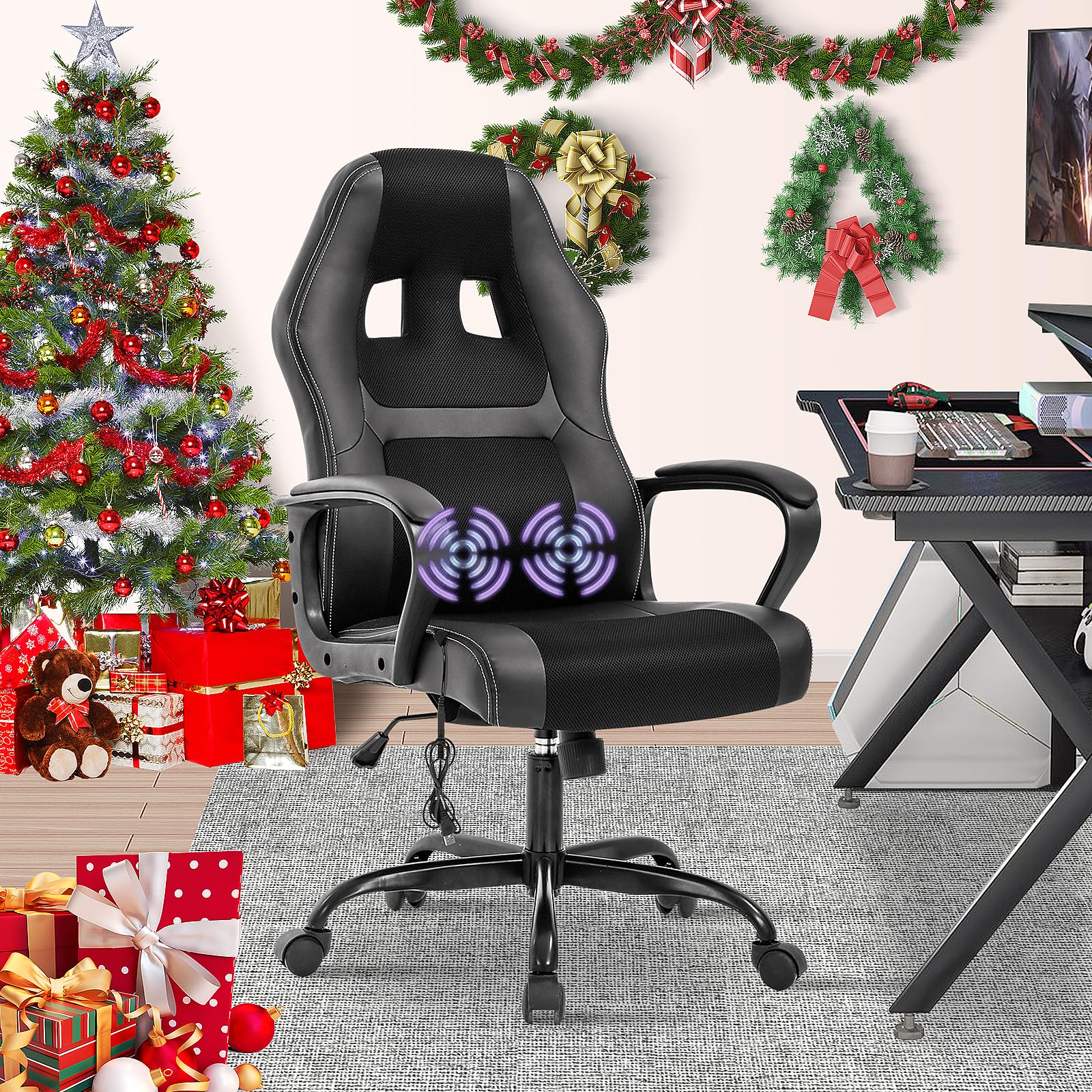 Premium Ergonomic Gaming Chair with Massage & Lumbar Support - Adjustable Reclining Office Chair for Adults & Teens - Black Computer Gaming Chair with Headrest & Armrests - Perfect for Esports, Streaming & Home Office Workspace