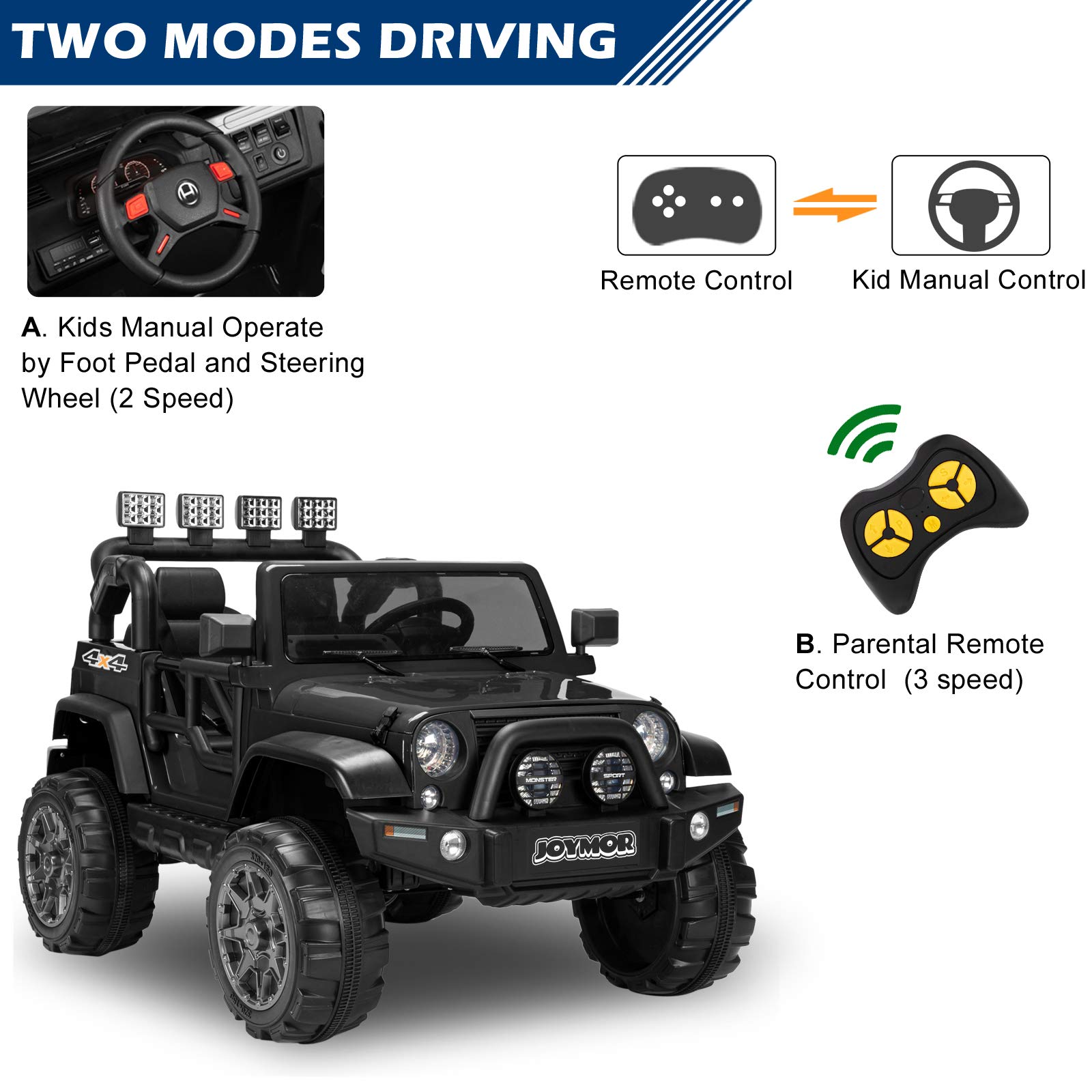 12V Electric Ride On Car for Kids - 2 Seater Remote Control Toy Vehicle with Suspension Wheels, LED Lights, Horn & Seat Belts - Perfect for Indoor & Outdoor Play (Black)