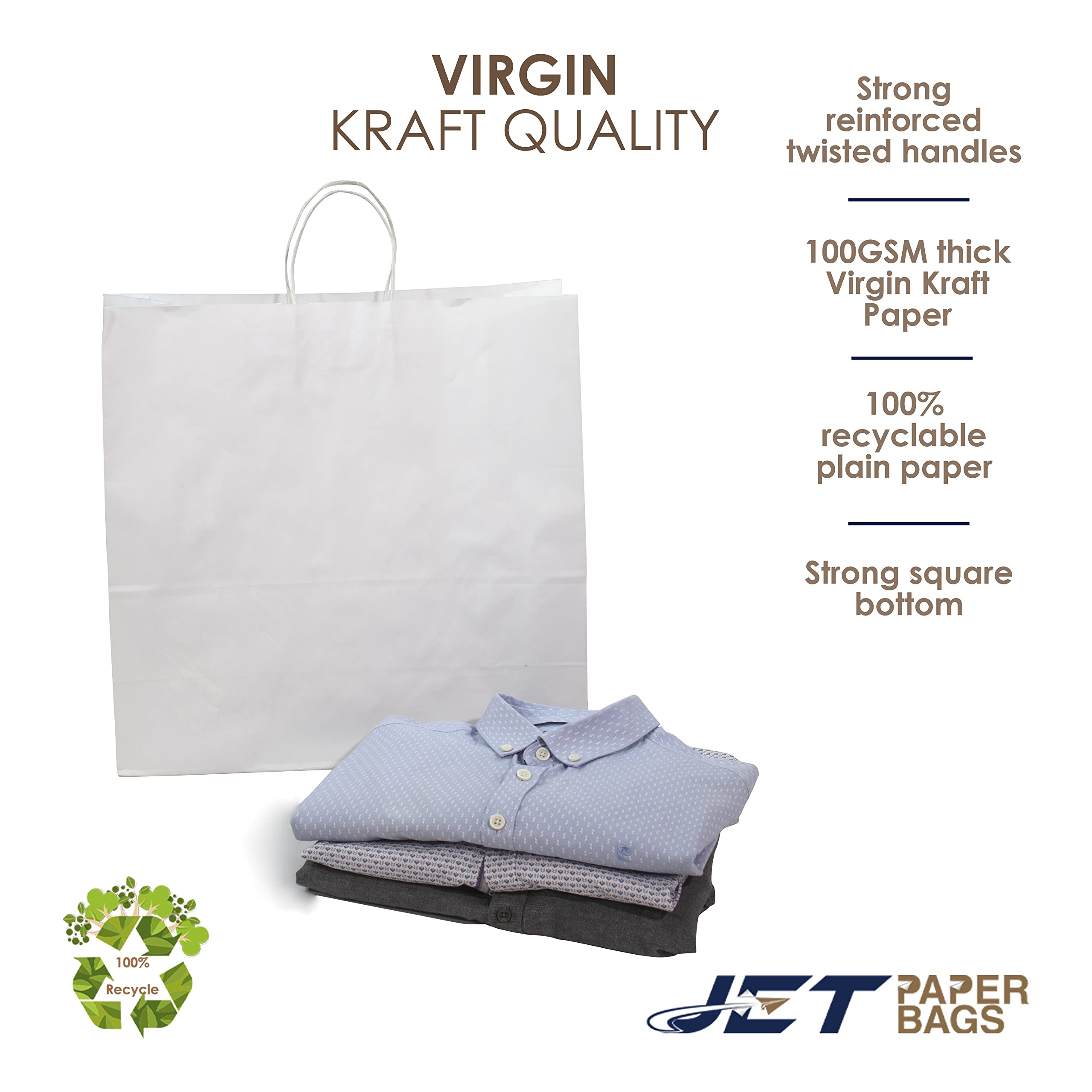 JET PAPER BAGS - 18x7x18 Inch Large White Kraft Paper Bags with Handles (100 Pack) - Eco-Friendly Recyclable Gift Bags for Takeout, Grocery, Retail, Parties, Weddings & Gifts | Perfect for Shopping, Gift Wrapping & Event Favors