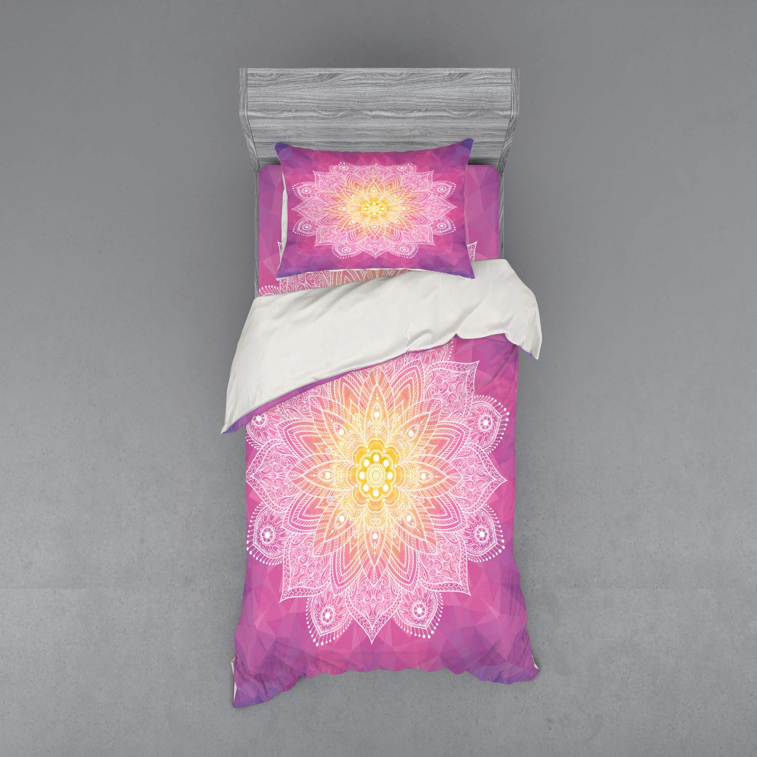 Ambesonne Mandala Bedding Set - 3 Piece Duvet Cover with Sham & Fitted Sheet, Twin XL Size, Fuchsia Yellow Psychedelic Print - Bohemian Style Bedroom Decor for Teens & Adults - Perfect for Dorm Rooms, Guest Bedrooms & Meditation Spaces
