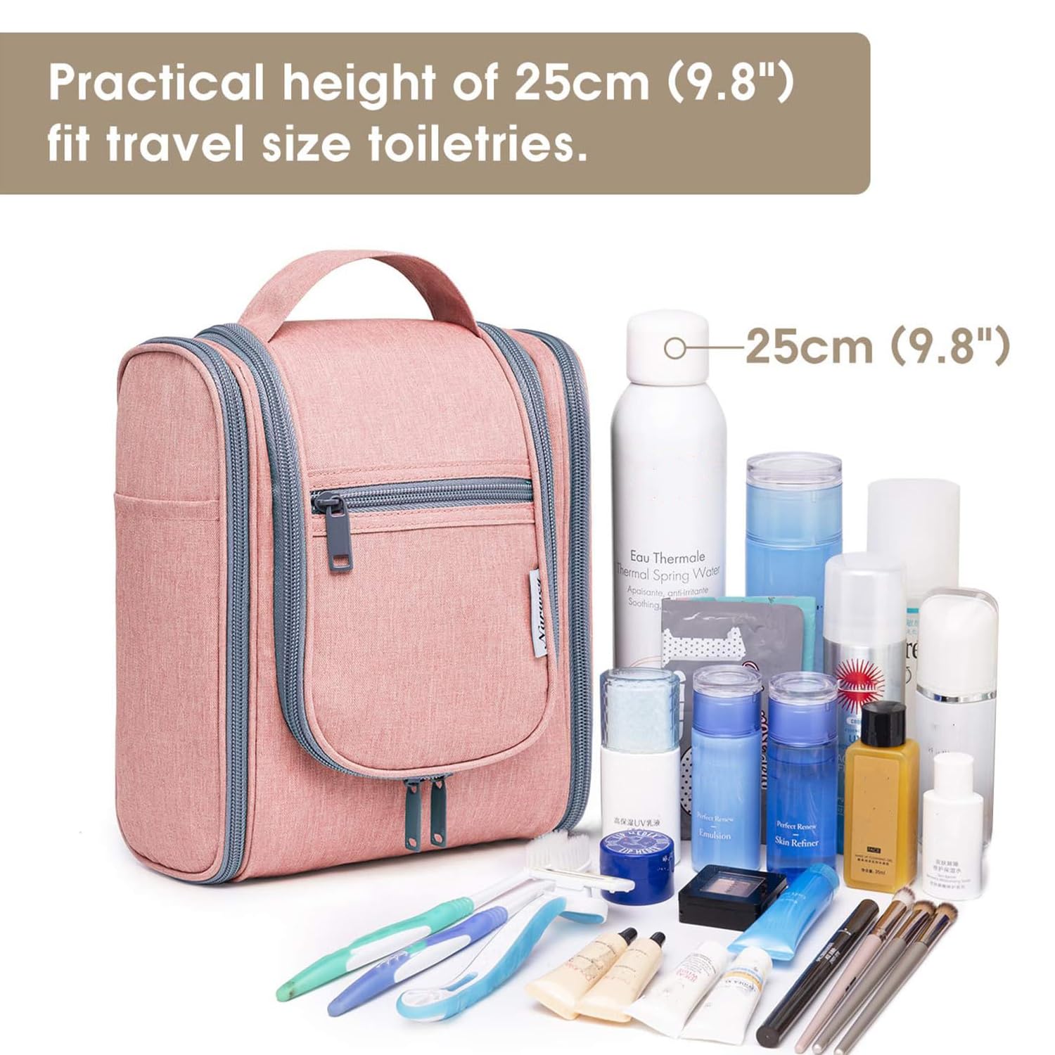 Narwey Small Hanging Toiletry Bag for Women - Travel Makeup Organizer with Multiple Pockets - Perfect for Cosmetics, Toiletries & Travel Essentials (Medium, Pink) - Ideal for Airplane, Camping & Gym Use