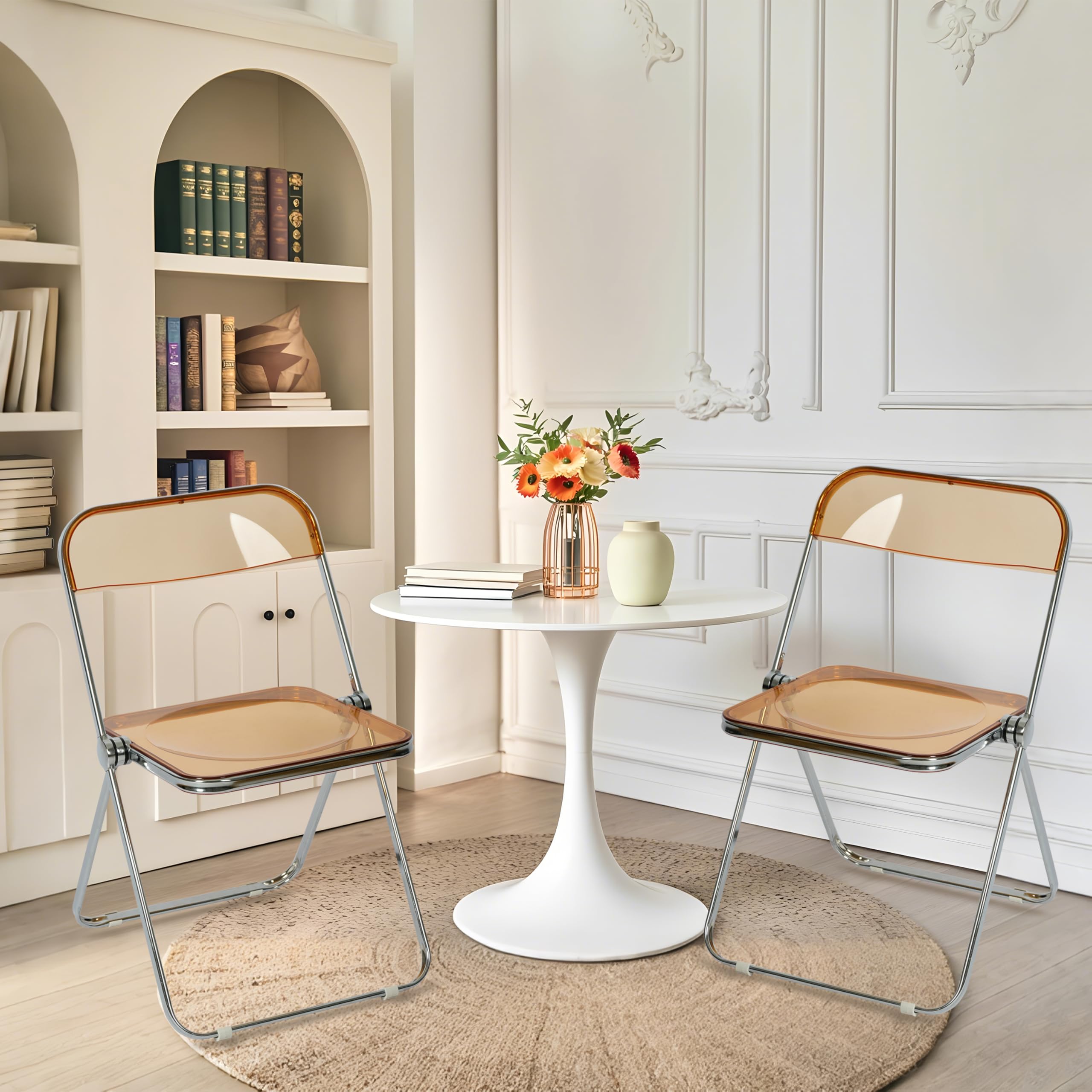 2 Pack Folding Chairs with Sturdy Metal Frame - Portable Comfortable Plastic Foldable Chairs for Indoor Outdoor Use - Home, Office, Party & Events - Amber Transparent Seating Solution for Patio, Camping, Picnics and Backyard Gatherings