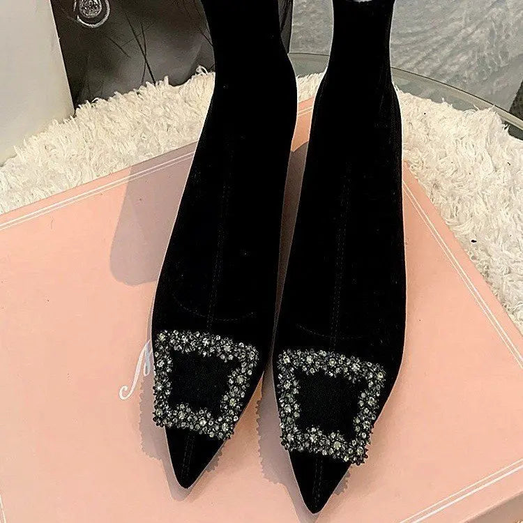 Stylish Women's Ankle Boots - Pointed Toe High Heel Rhinestone Flock Boots for Spring & Autumn | Fashionable Dress Shoes for Work, Party & Evening Out