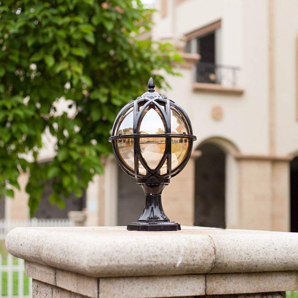 Vintage Black E27 Outdoor Pedestal Lamp - Aluminum & Glass Garden Pillar Light for Lawn, Pathway, Terrace, Villa, Hotel Landscape Lighting | Weather-Resistant & Elegant Design