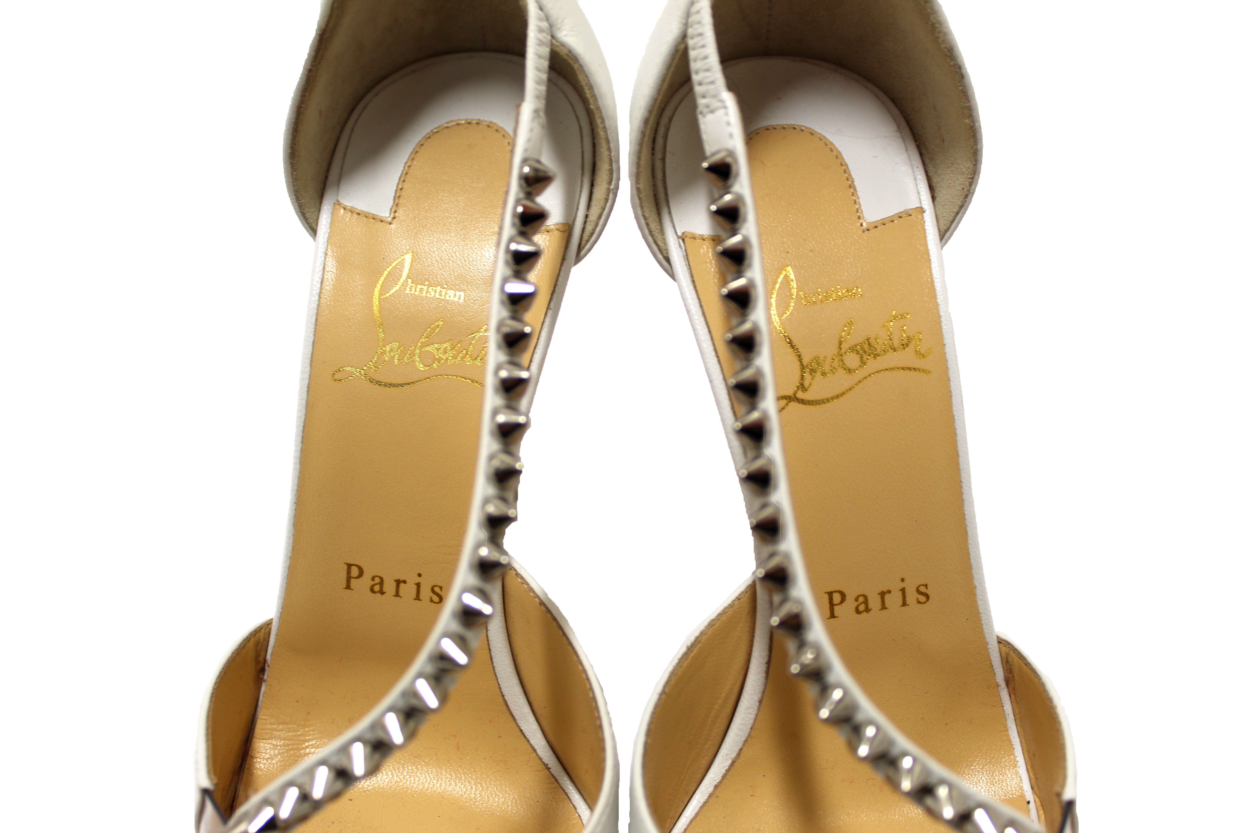Authentic Christian Louboutin White Leather Spike Cross 100 Pump Women's Heels Size 37 - Perfect for Evening Parties, Weddings & Special Occasions