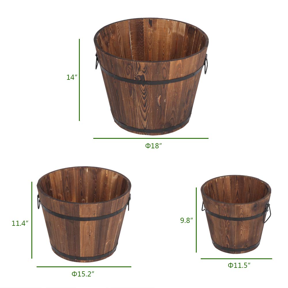3 Pcs Wooden Planter Barrel Set with Handle & Drainage Holes - Rustic Whiskey Barrel Flower Pots for Plants, Herbs, Vegetables - Indoor & Outdoor Garden Decor for Patio, Balcony, Backyard