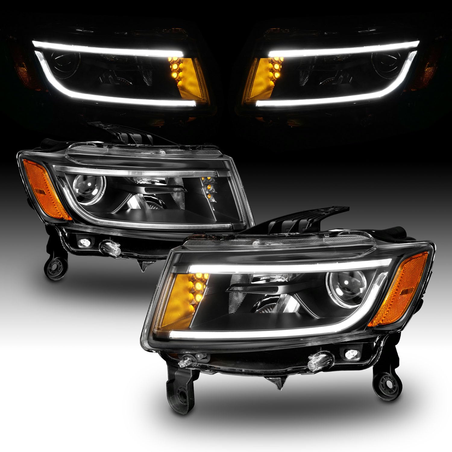 AmeriLite LED Headlights for Jeep Grand Cherokee 2014-2016 - Black Housing Projector Halogen SUV Light Assembly with Turn Signal & LED Bar - Perfect for Off-Roading & Night Driving