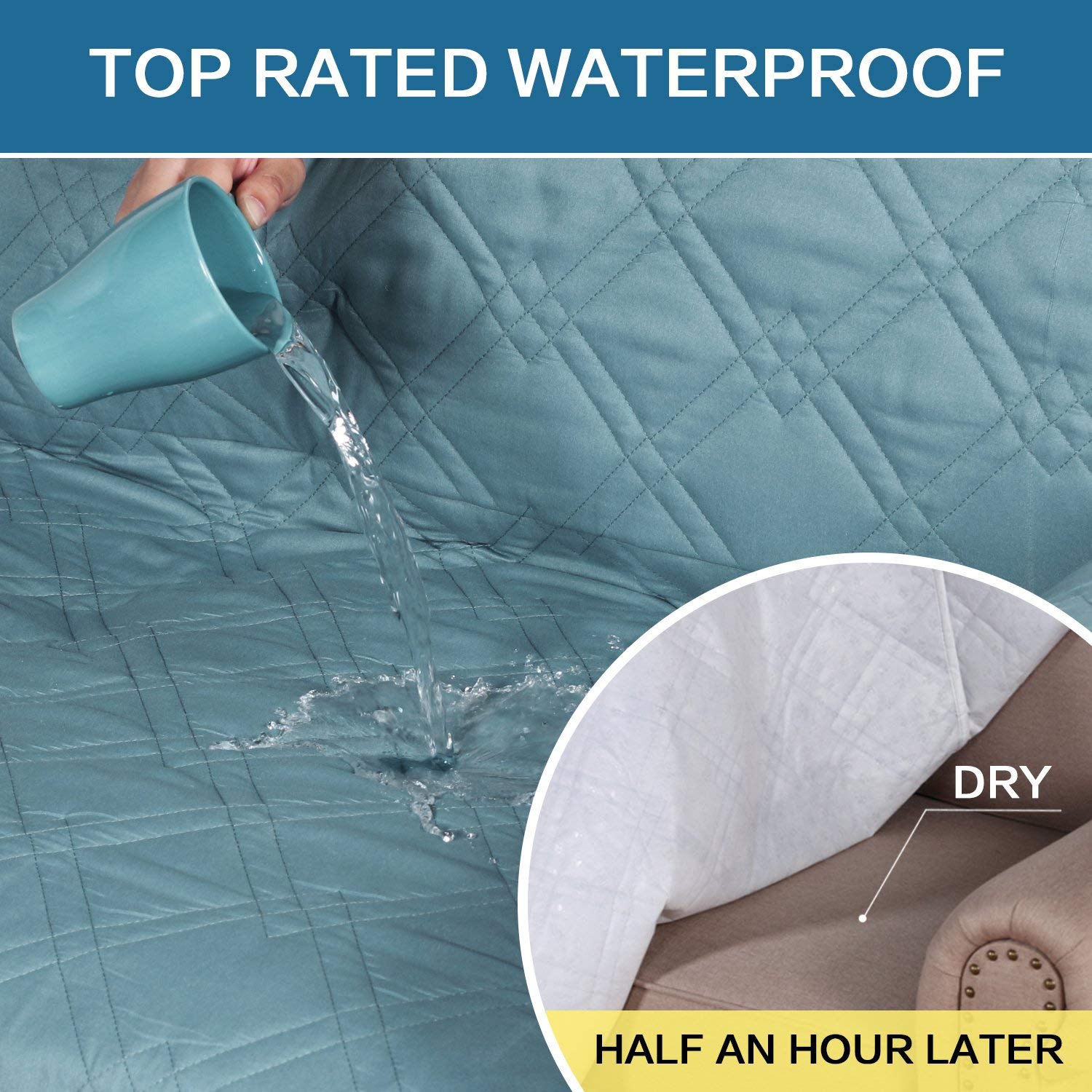 H.VERSAILTEX 100% Waterproof Quilted Sofa Cover Set - 3 Piece Furniture Protector for Loveseat & Recliner - Spill Proof Stretchable Slipcovers for Living Room, Bedroom & Pets