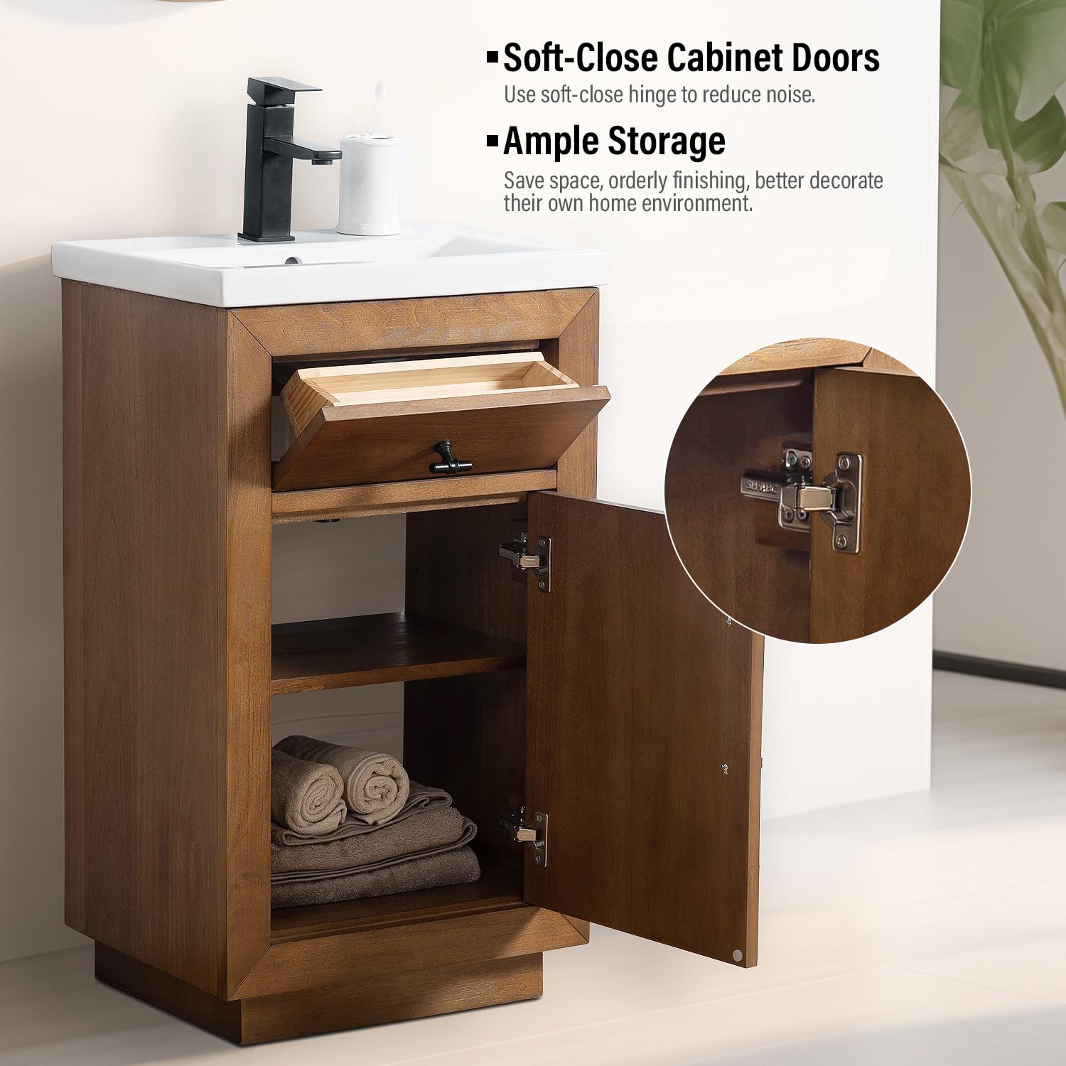 Vanity Art 20 Inch Modern Bathroom Vanity with Ceramic Sink & Marble Top - Small Wood Vanity Cabinet with Doors, Removable Shelf & Solid Wood Frame (Tan VA7020) - Perfect for Small Bathrooms, Powder Rooms & Apartment Makeovers