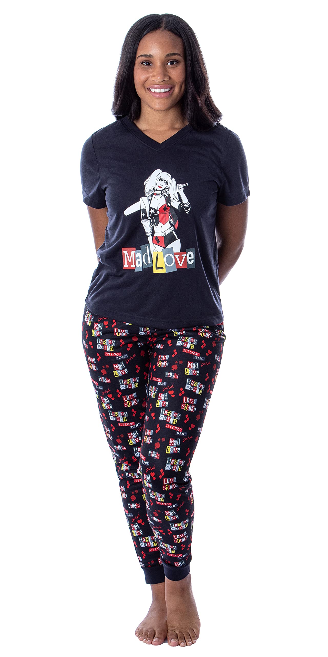 DC Comics Women's Harley Quinn Mad Love 2-Piece Pajama Set - Soft Cotton Sleepwear for Women, Lounge Pants & Top - Perfect for Cosplay, Halloween, Comic Con & Relaxing at Home