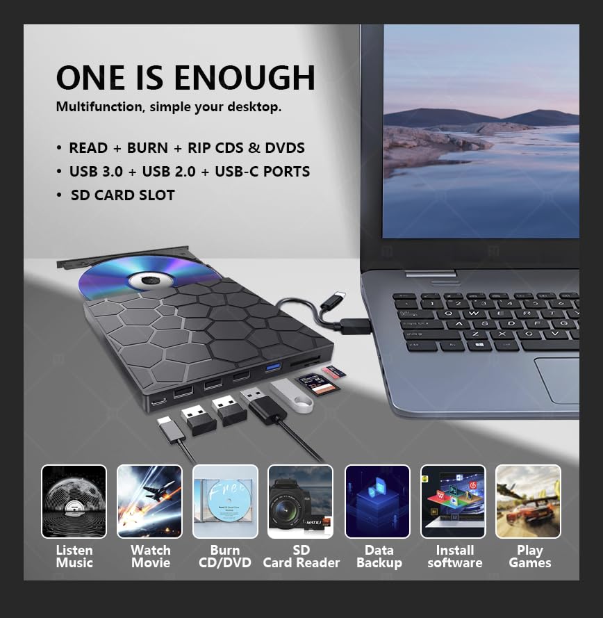 Portable External USB 3.0 CD/DVD Drive - 8-in-1 DVD-ROM +/-RW Burner & Reader for Laptop, Desktop, Mac, Windows 11/10/8/7, Linux - Perfect for Home Office, Travel & Media Backup