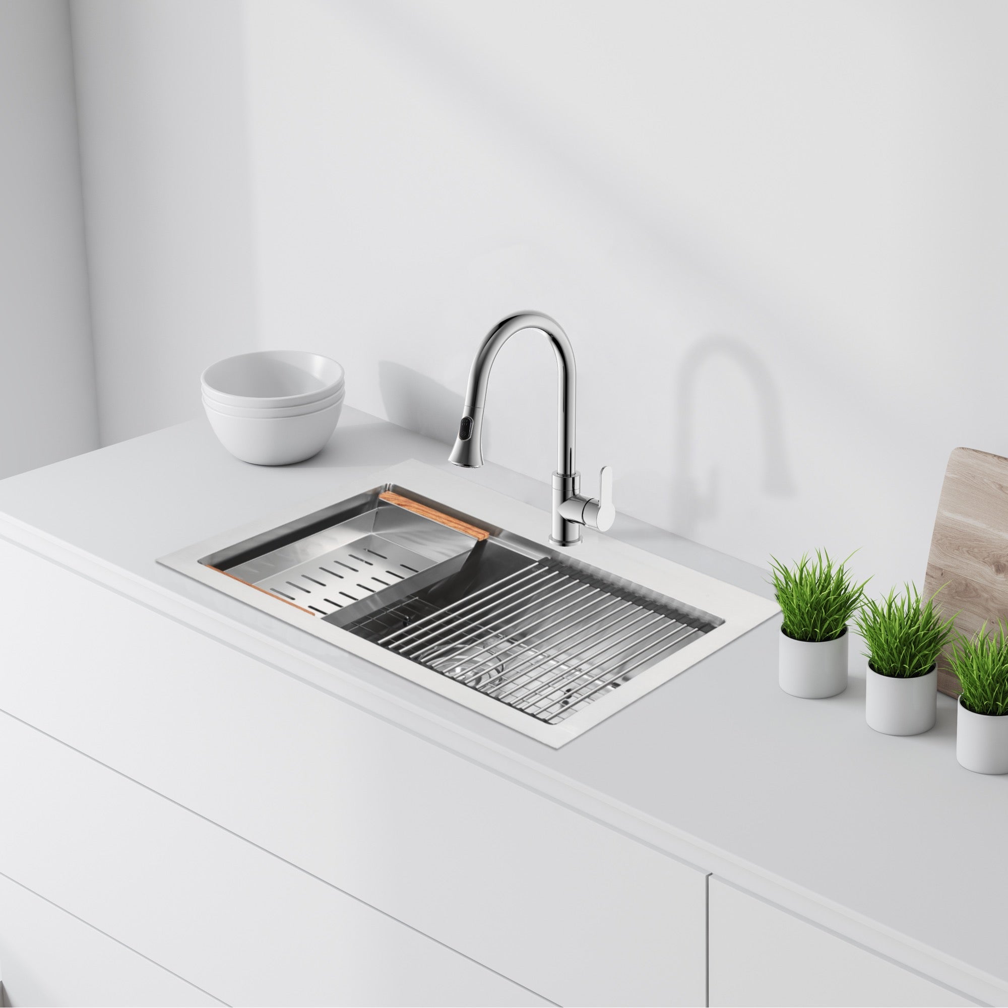 Ancona 30-Inch Handmade Drop-In Single Bowl Workstation Kitchen Sink with Accessories - Satin Stainless Steel - Perfect for Modern Kitchens & Food Prep Stations