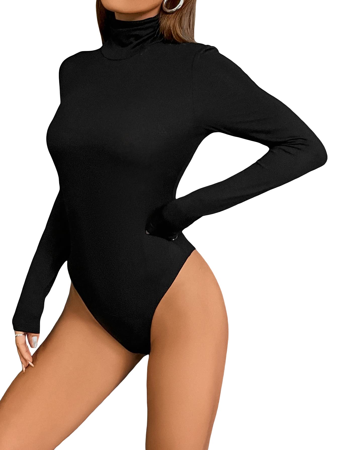 WDIRARA Women's Turtleneck Long Sleeve Bodysuit - Slim Fit Stretchy Jumpsuit for Casual Wear, Office & Date Night Outfits