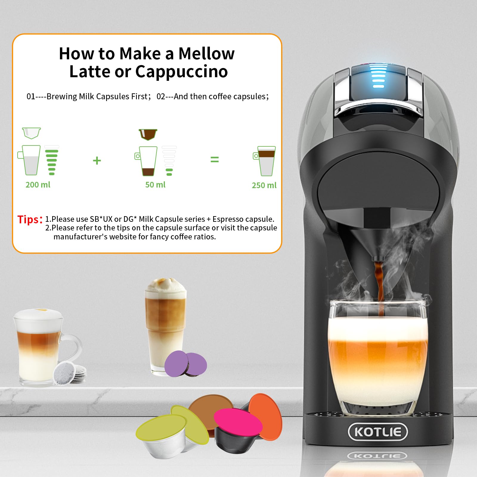 KOTLIE 5-in-1 19Bar Multicapsule Espresso Coffee Machine - Cold & Hot Brewing Single-Serve Coffee Maker for K-Cup/Dolce Gusto/Nespresso Original/Ground Coffee/44mm ESE Pods - Perfect for Home, Office & Small Cafes (Grey, Model EM-308A)