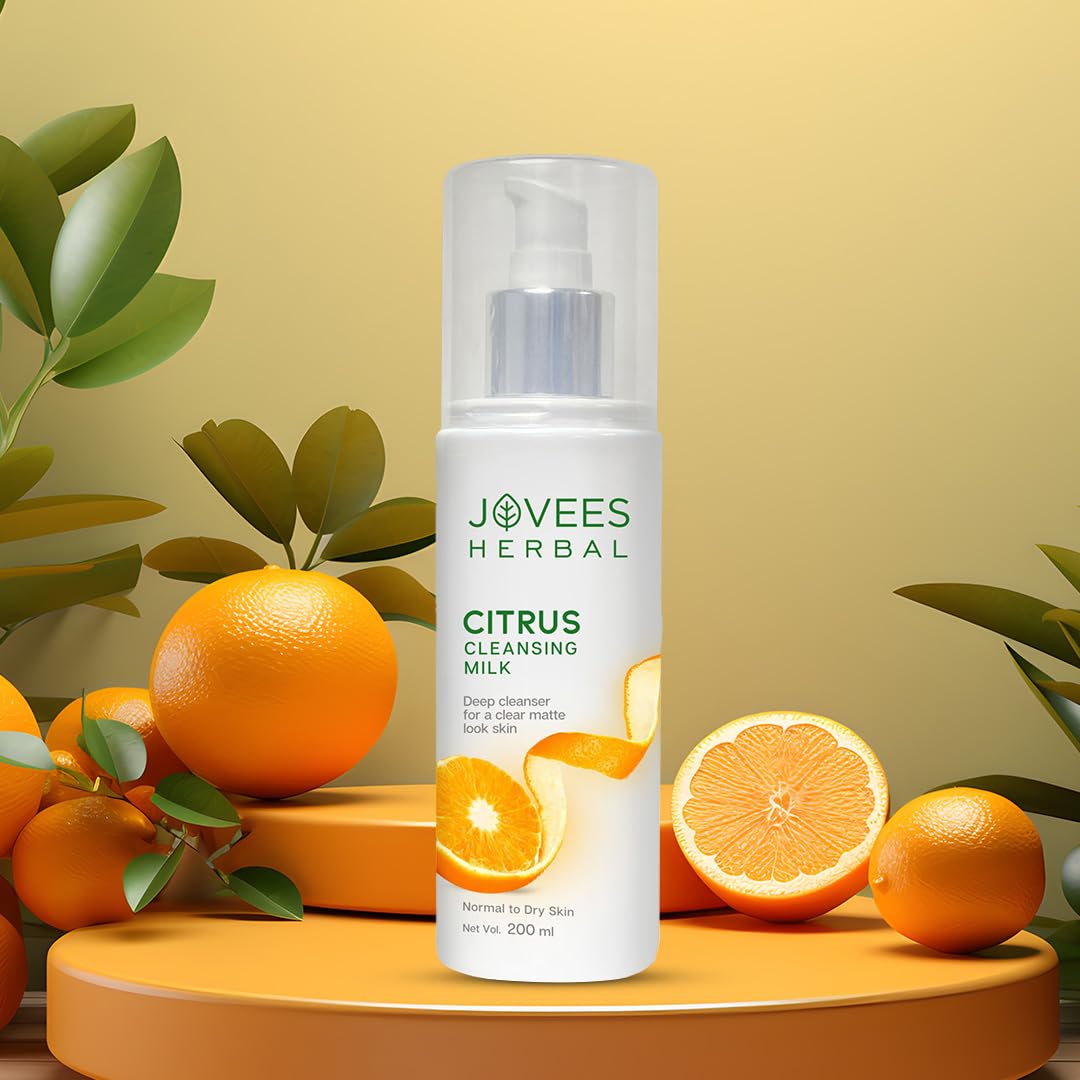 Jovees Herbal Citrus Cleansing Milk with Lemon Peel, Almond & Coconut Oil - Gentle Face Wash for Makeup Removal & Deep Cleansing - Moisturizing Facial Cleanser for Soft, Clean & Healthy Skin - Ideal for Normal to Dry Skin (200ml) | Perfect for Daily Skincare Routine & Post-Makeup Cleansing