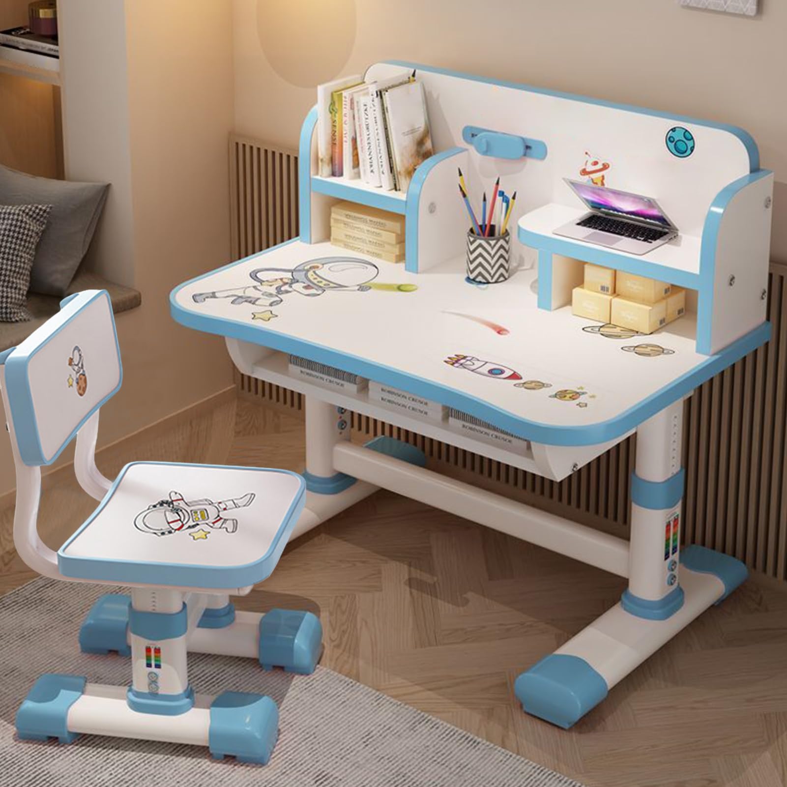 Adjustable Kids Study Desk and Chair Set with Cartoon Design - Ergonomic Children's Writing Table with Bookshelf & Storage, Perfect for Homeschooling & Online Learning