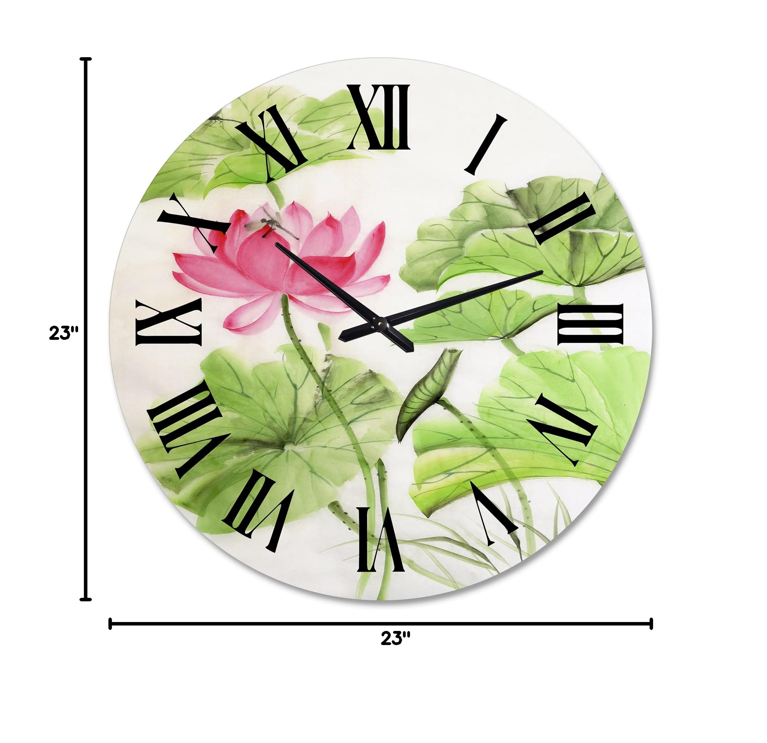 DesignQ Traditional 'Lotus and Dragonfly' Large Wall Clock - Floral Botanical Decor for Living Room, Bedroom & Office - Silent Non-Ticking Home Décor