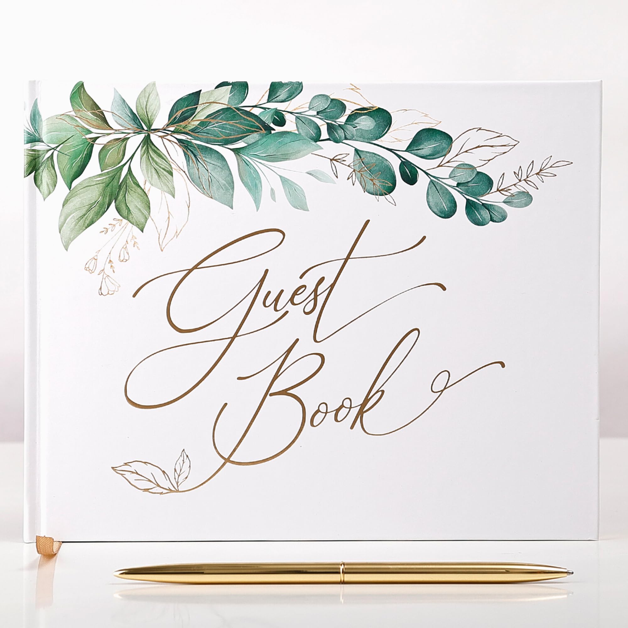 Elegant Gold Foil Greenery Wedding Guest Book 7x9 Inches - Includes Pen & Table Sign - Perfect for Wedding, Bridal Shower, Baby Shower, Graduation, Birthday, Anniversary & Funeral Guest Registry - Ideal for Reception Decor & Keepsake Memories