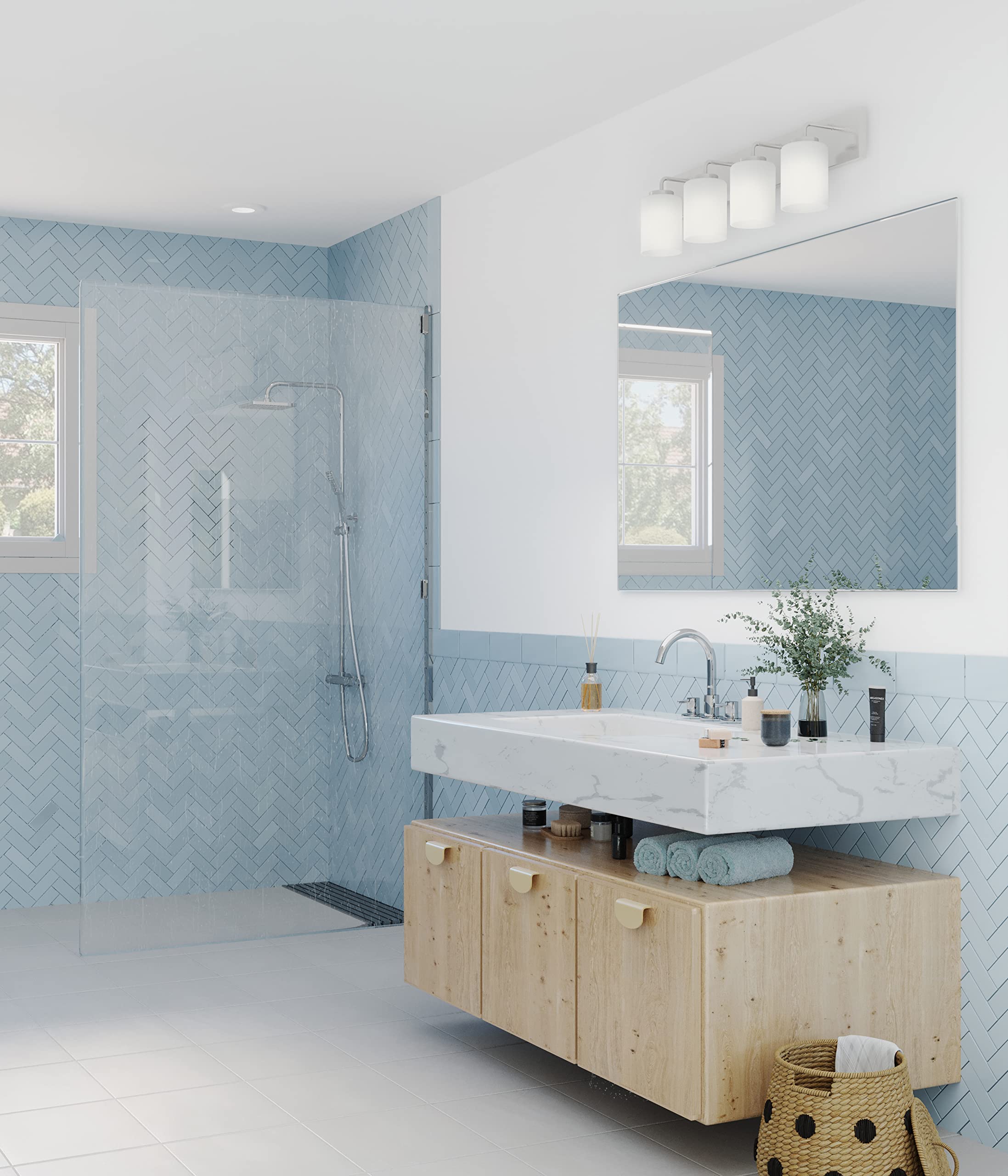 Progress Lighting Merry Collection 4-Light Brushed Nickel Bathroom Vanity Light with Etched Glass Shades - Perfect for Modern and Transitional Bathroom Decor