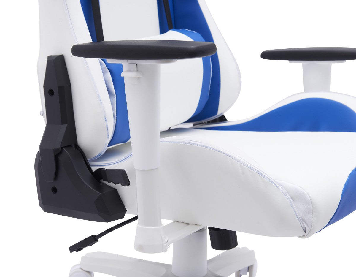 Thrine Ergonomic Gaming Chair with Lumbar Support - Adjustable Height & Reclining Back, White & Blue - Perfect for PC Gaming, Office Work, and Home Entertainment