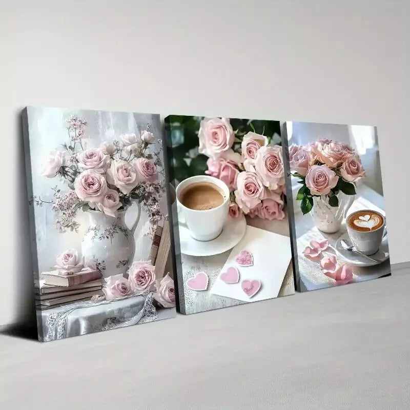 3pc Pink Rose Coffee Wall Art Set - Framed Canvas 50x70cm | High Quality Print | Australian Made | Ready to Hang | Perfect for Kitchen, Dining Room & Cafe Decor
