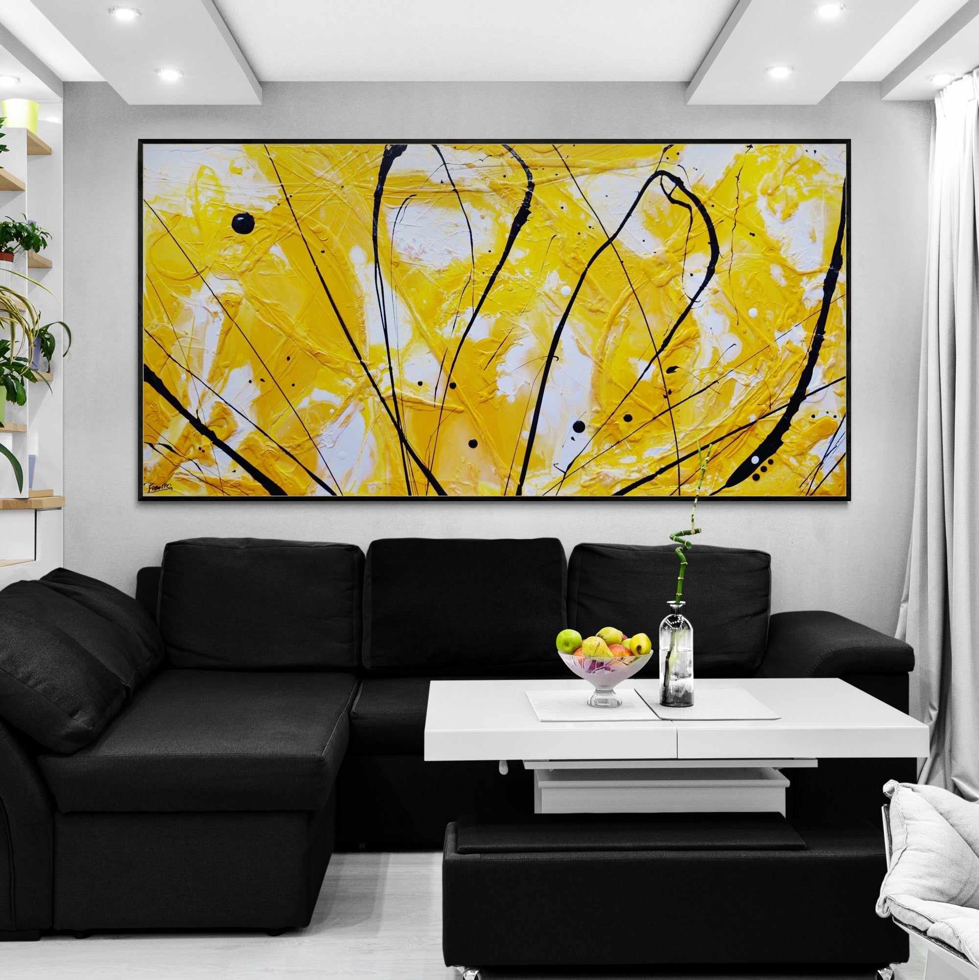 Golden Bandit 240cm x 120cm Yellow White Black Textured Abstract Canvas Wall Art - Modern Home Decor for Living Room, Bedroom & Office