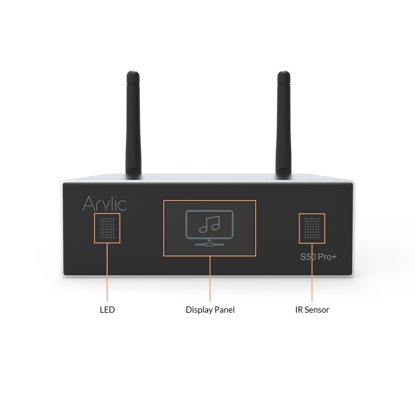 ARYLIC Compact WiFi & Bluetooth 5.0 Audio Streamer - AirPlay, DLNA, UPnP, Spotify, Qplay Compatible with RJ45 Port, IR Sensor, LED Display, RCA & Optical Input - 0.4kg Black Digital Media Player for Home Theater & Multi-Room Audio System