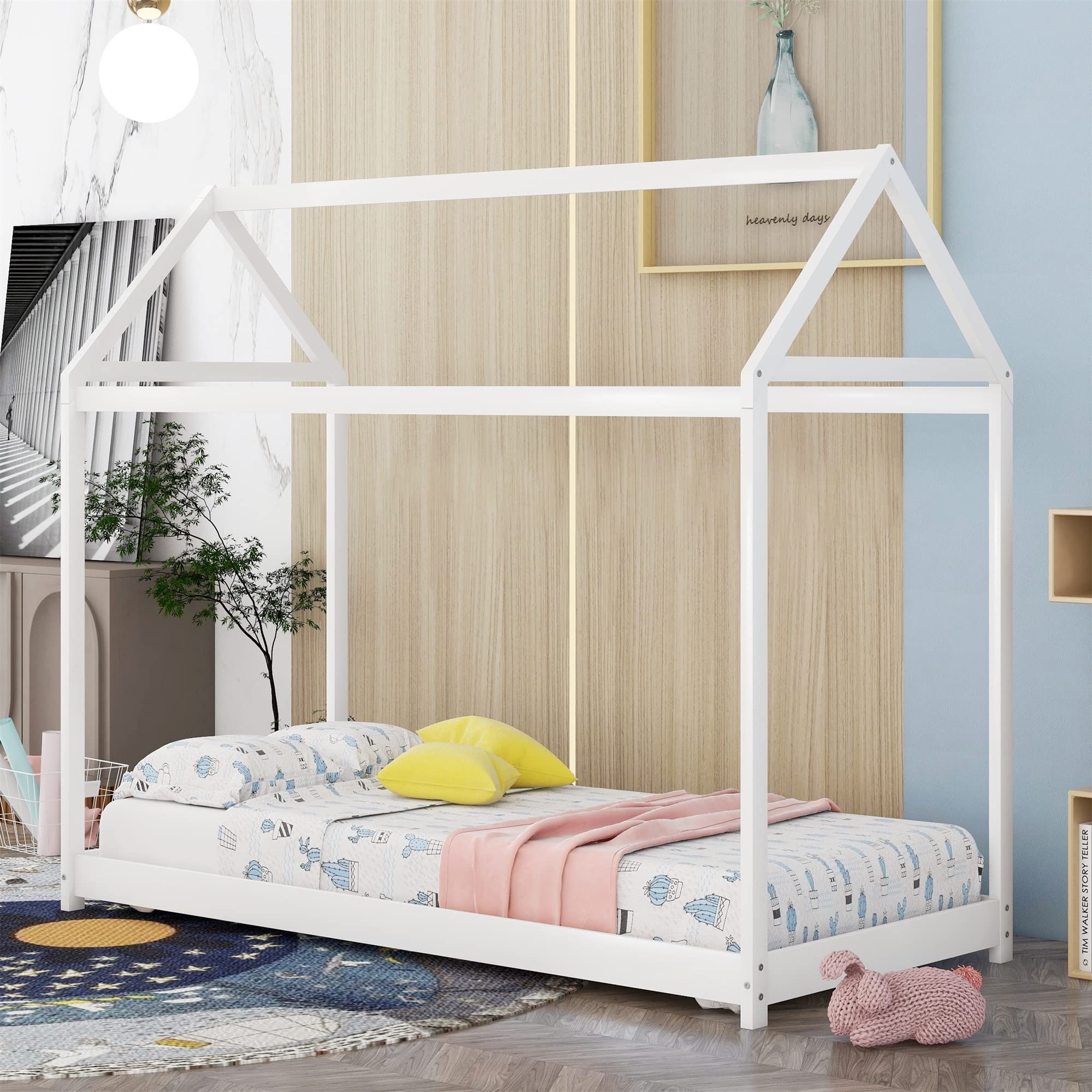 Montessori Twin House Floor Bed for Kids - Solid Wood Twin Bed Frame for Boys & Girls - White - Perfect for Playrooms, Bedrooms & Montessori Learning Spaces