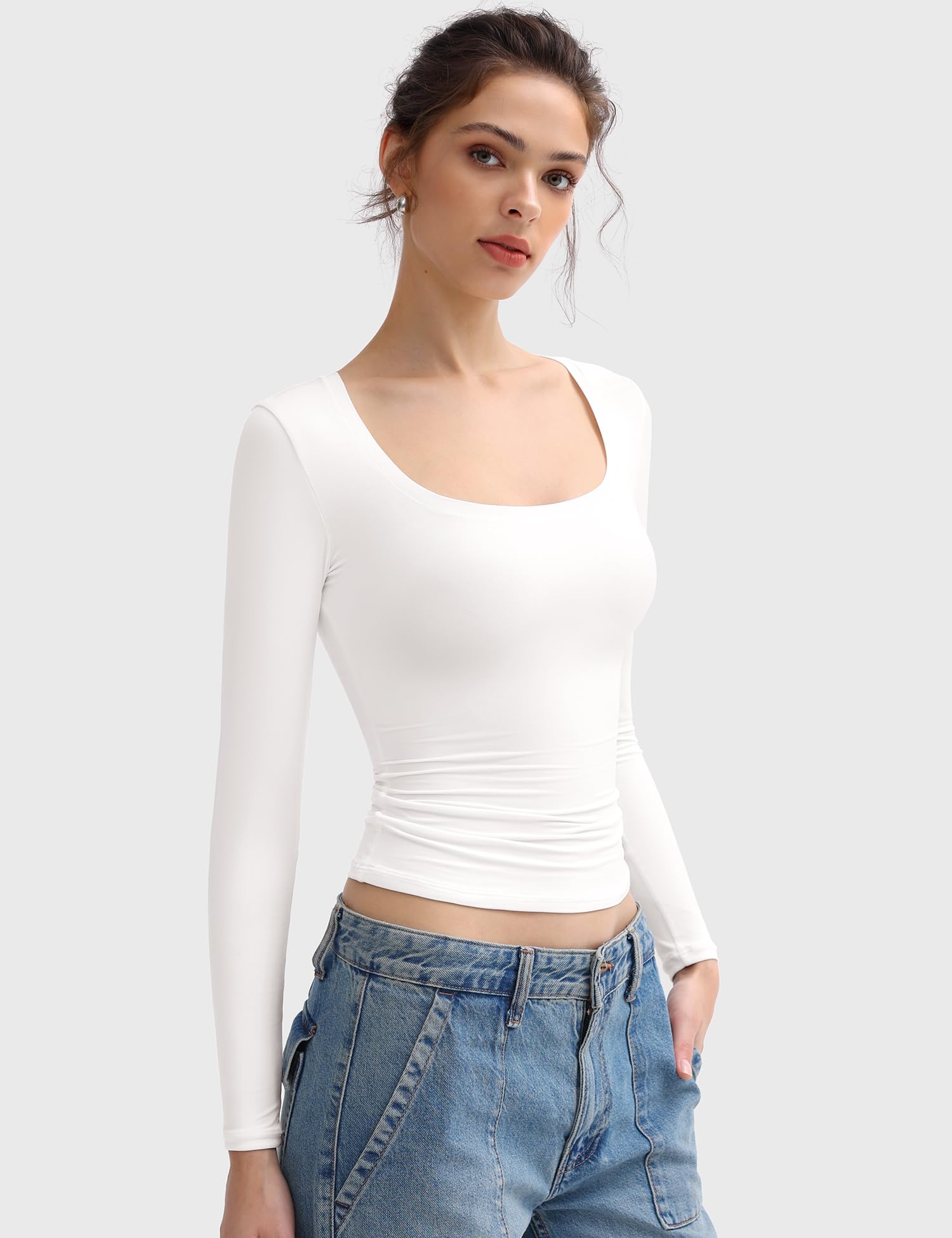 PUMIEY Women's Long Sleeve T-Shirts - Slim Fit Scoop Neck Basic Tee, Double Lined Comfortable Top for Casual Wear, Work & Date Night | Smoke Cloud Collection