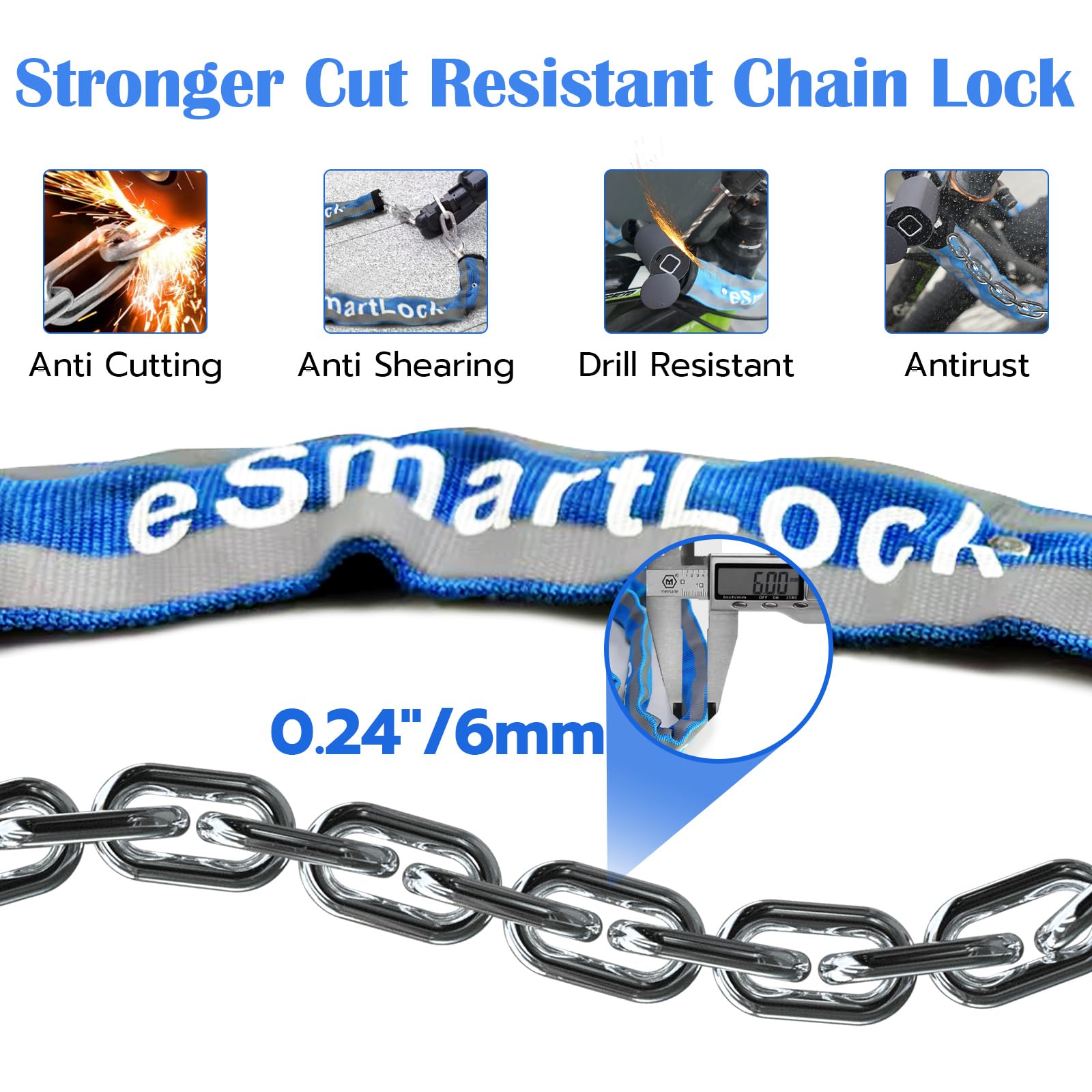 Eseesmart Fingerprint Bike Chain Lock - Heavy Duty Anti-Theft 3.28ft Smart Bicycle Lock with APP Control, Waterproof Security Cable for Bikes, Scooters, Motorcycles, Doors, Gates & Fences | Perfect for Urban Commuting, Outdoor Adventures & Home Security