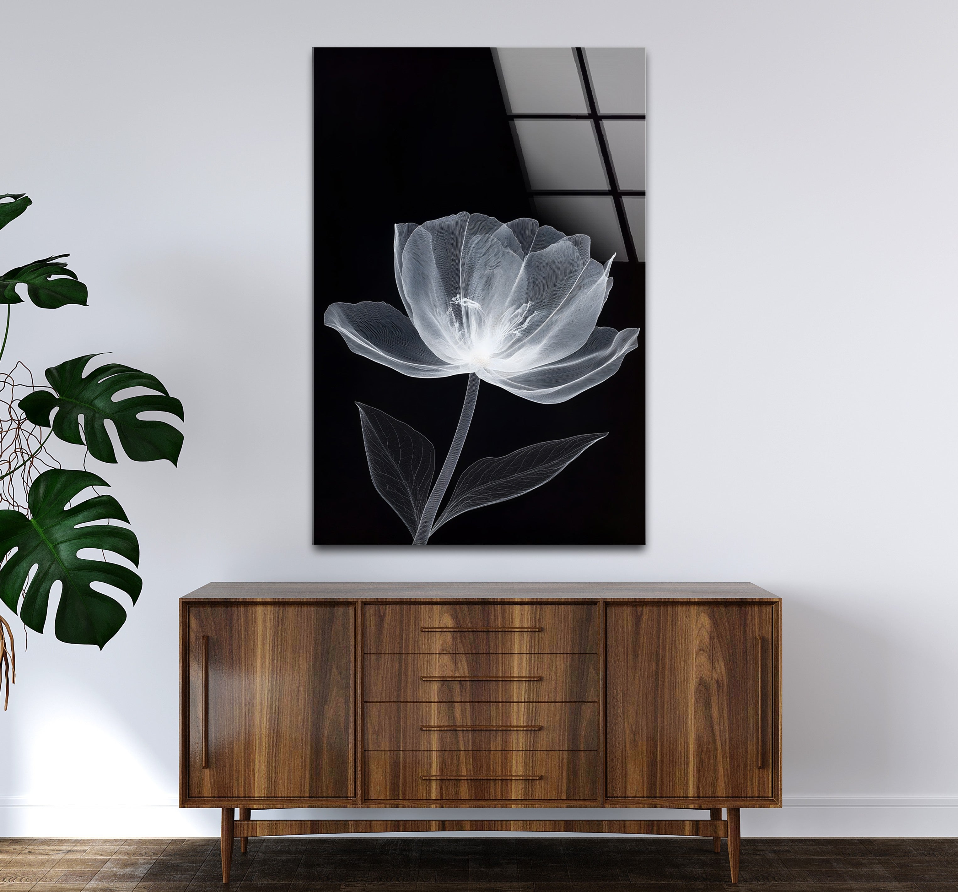 Black and White Minimal Floral Glass Wall Art - Modern Home Decor for Living Room, Bedroom & Office - Elegant Framed Glass Painting for Housewarming Gifts