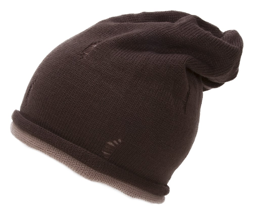 Women's Fashion Double-Layered Torn Look Beanie Hat - Soft Knit Winter Beanie in Brown/Taupe for Casual Outfits & Cold Weather