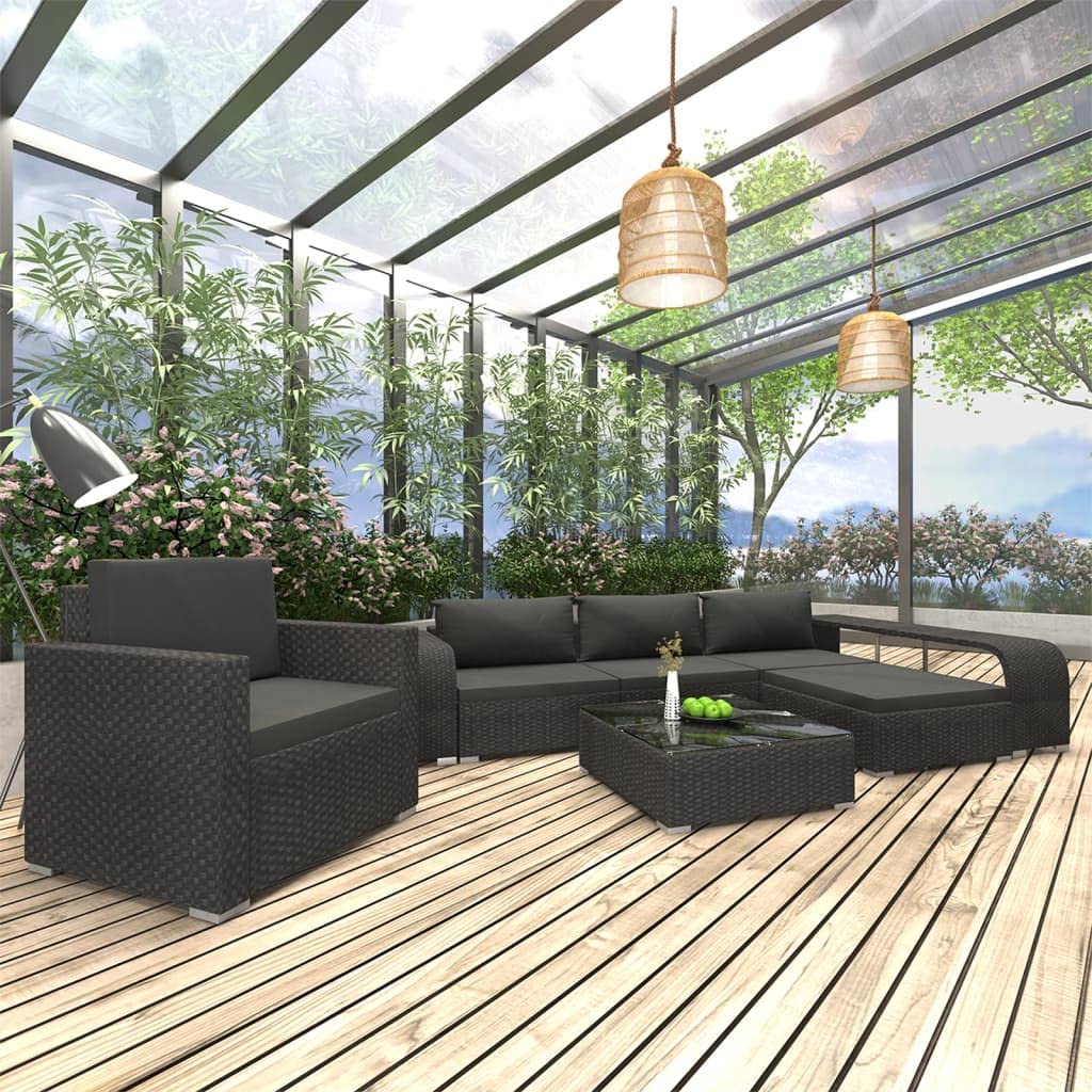 vidaXL 8-Piece Patio Furniture Set with Cushions - Black Poly Rattan Outdoor Sectional Sofa & Coffee Table - Perfect for Garden, Backyard, and Poolside Relaxation