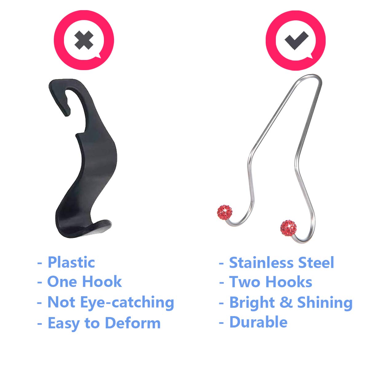 Rhinestone Car Seat Hooks - Universal Car Headrest Hangers for Purse, Bag & Organizer Storage - Durable Auto Backseat Hooks for Women (Red) - Perfect for Road Trips, Shopping & Daily Commute