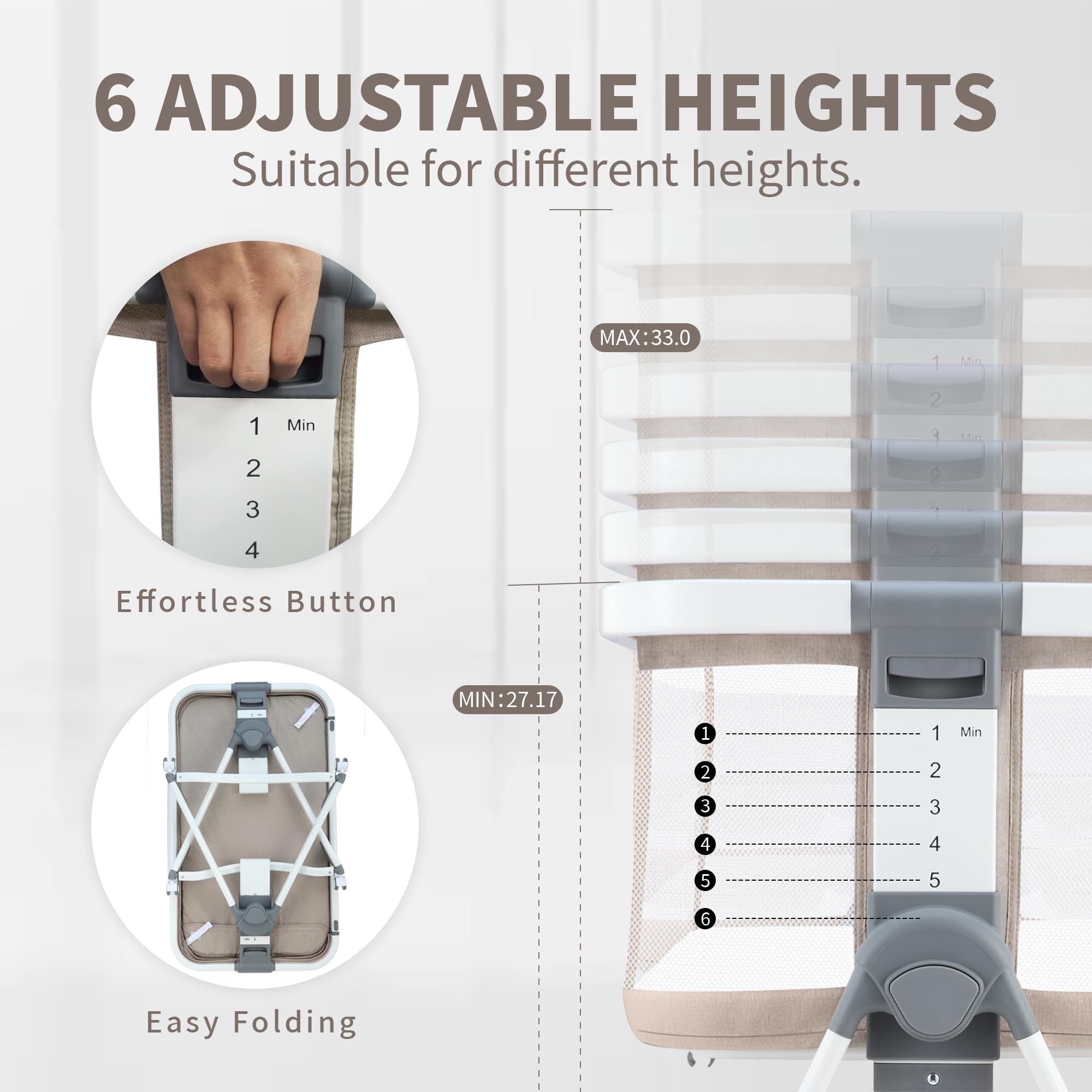 JMMD 3-in-1 Adjustable Baby Bassinet Bedside Sleeper - 6 Height Levels, Foldable & Portable Crib for Newborns & Infants (Khaki) | Perfect for Nursery, Bedroom Co-Sleeping & Travel