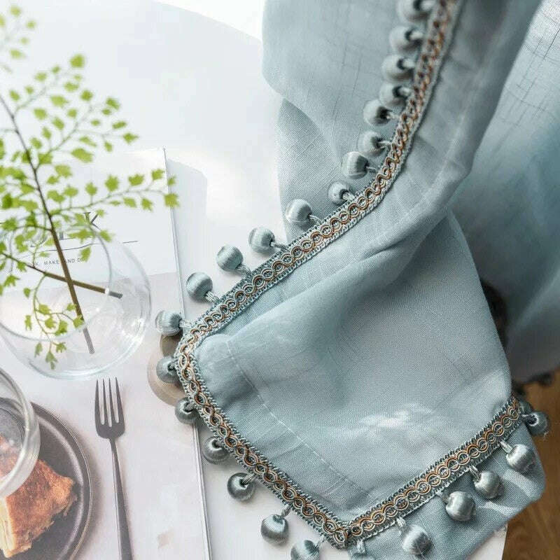 Rémy Linen Semi-Sheer Curtains with Pom Pom Lace Trim in Haze Blue - Light Filtering Window Treatment for Bedroom & Living Room