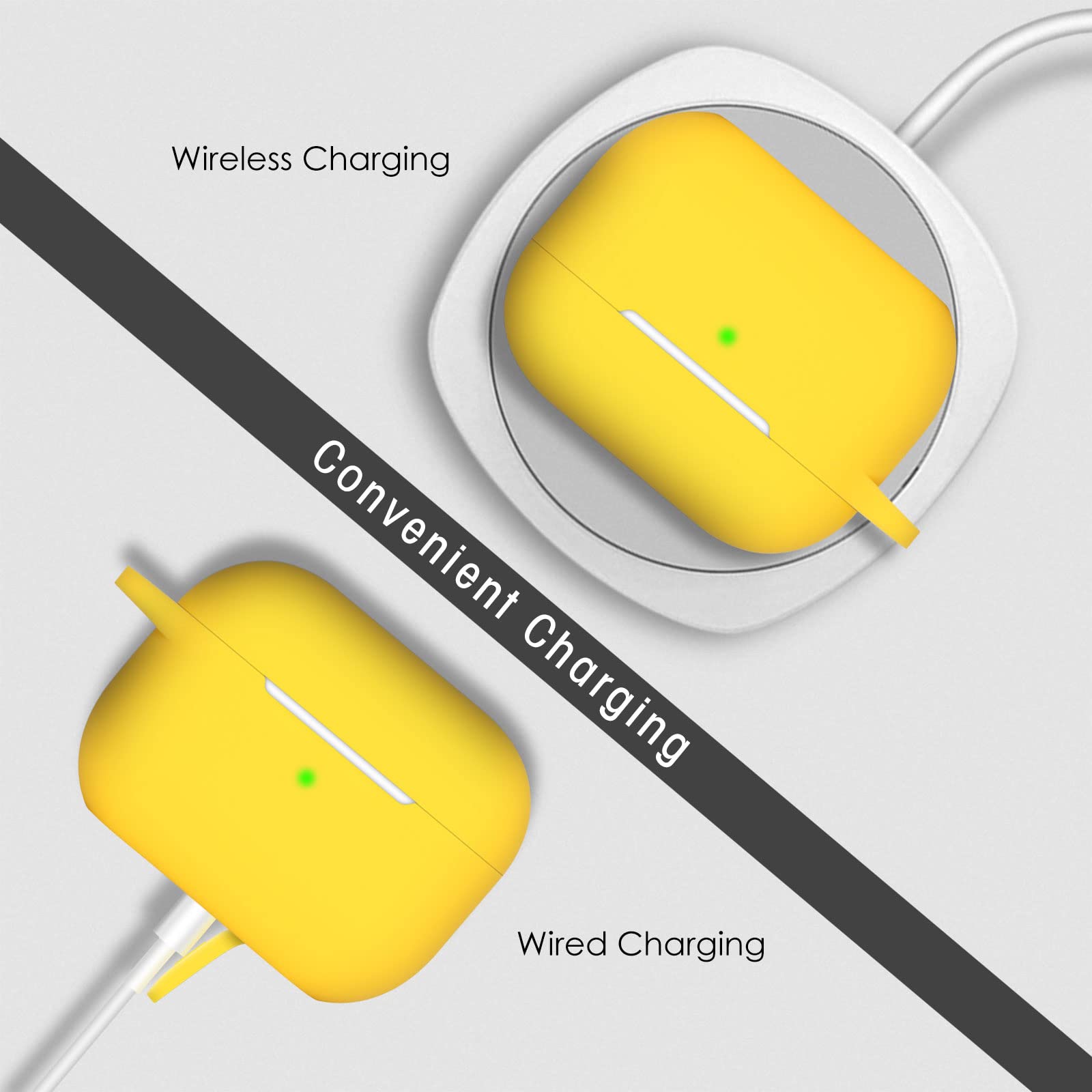 Premium Shock-Absorbing Silicone Case for AirPods Pro (2019/2021/2023) - Soft Protective Cover with Carabiner Clip & Visible LED Light - Yellow - Perfect for Gym, Travel & Everyday Use