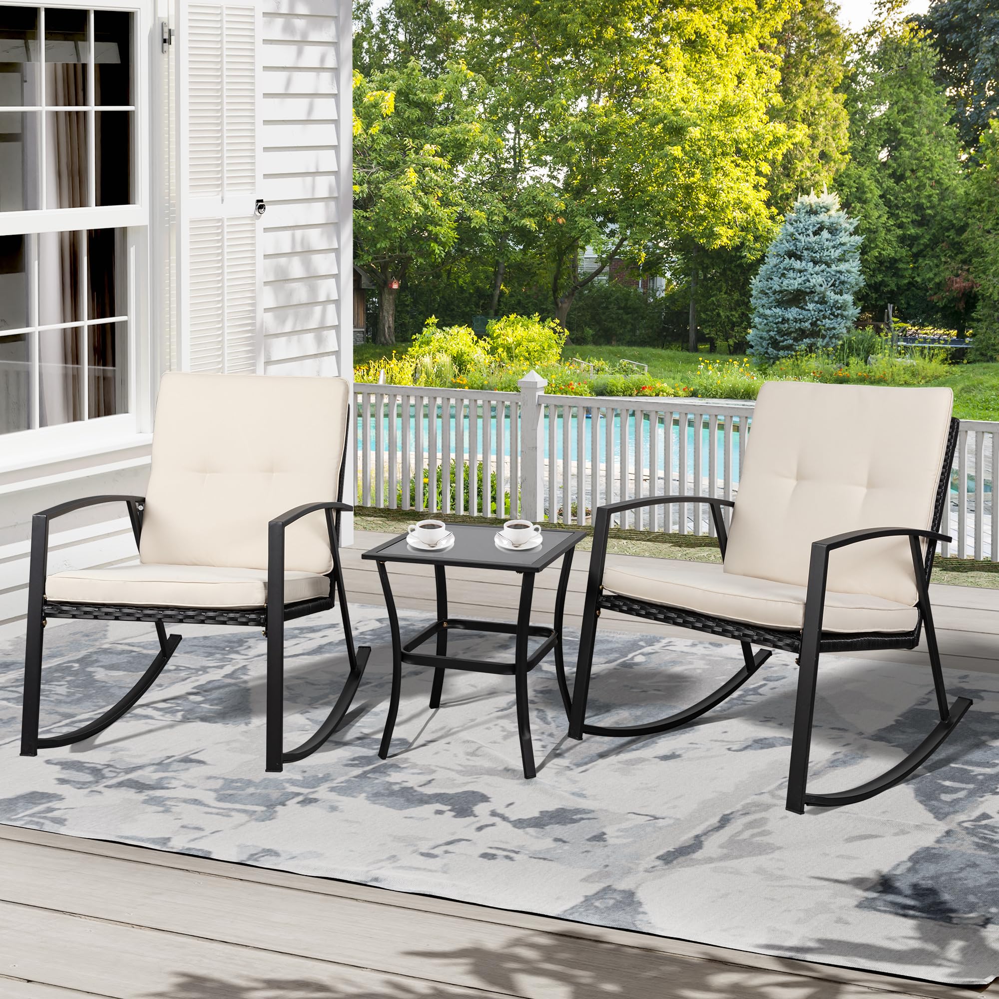 Shintenchi 3-Piece Wicker Rocking Bistro Set - 2 Rattan Porch Chairs with Glass Coffee Table, Beige Outdoor Patio Furniture for Garden, Deck, Poolside & Backyard Relaxation