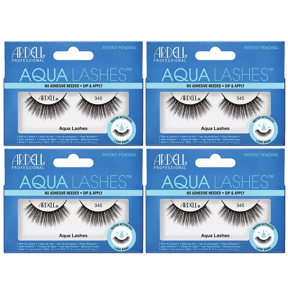Ardell Aqua False Strip Lashes 345 - Water Activated Fake Eyelashes for Natural Look, No Lash Glue Needed, 4 Pack - Perfect for Daily Wear, Special Occasions & Makeup Enhancement
