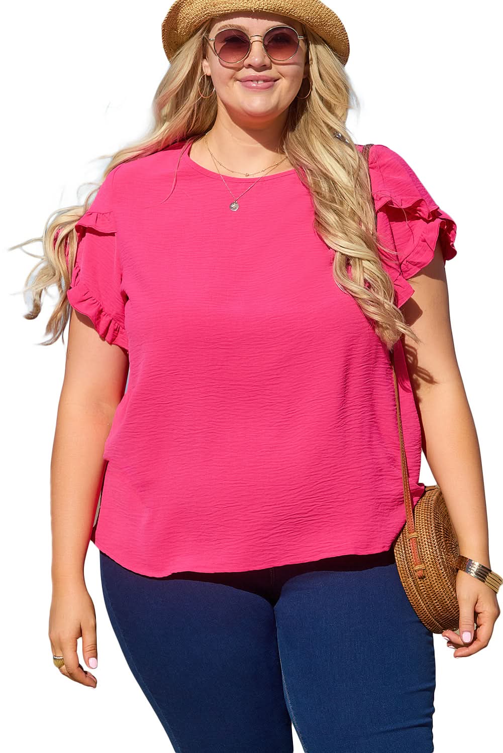 Bright Pink Ruffled Short Sleeve Plus Size Women's Blouse - Flirty & Feminine Top for Casual Outings, Date Nights & Summer Parties