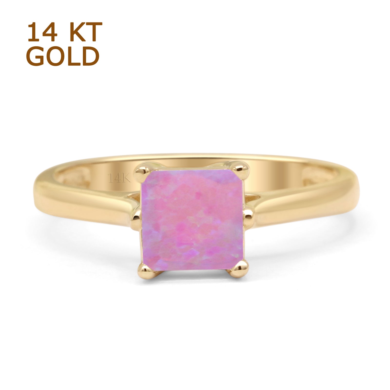 14K Yellow Gold Princess Cut Lab-Created Pink Opal Solitaire Ring for Women – Elegant Engagement, Wedding, Anniversary Gift Idea